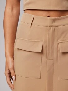 Silquee Women's Elegant Office Camel Summer Business Casual Khaki V-Neck Sleeveless Vest & Mid-Length Cargo Pocket Front Slit Skirt Suit Sets,Slim Woven Suits - Khaki - View 7