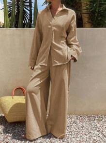 Livesso Conjunto informal de mujer compuesto por blusa plisada de unicolor y pantalones anchos de pierna ancha