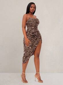 Radiana 性感优雅复古修身连衣裙，豹纹褶皱侧开衩下摆细肩带连衣裙，适合舞会、情人节 - 彩色 - 查看 6