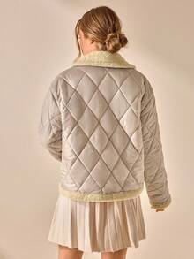 CLARA VERO Women Color Block Front Button Placket Sleeveless Pockets Casual Padded Coat Fashionable Casual Geometric Quilted Long Sleeve Jacket With Pockets - Beige - View 2