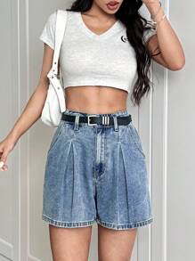 SHEIN Essnce 女式 Y2K 千禧风格修身 A 字型阔腿牛仔短裤 - 藍色 - 查看 3