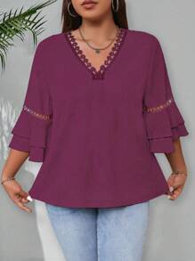Celure Plus Size Women V-Neck Flare Sleeve Loose Fashion Blouse