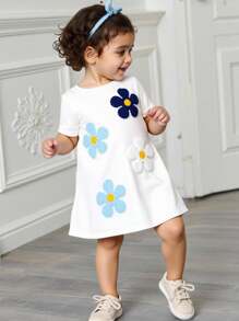 Abito-T-Shirt casual e dolce da bimba, con collo rotondo, colore bianco tinta unita, con ricamo, ampio