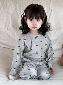 DAZY 女婴休闲圆领蝴蝶结全身印花短袖T恤和宽松长裤家居服套装 - 灰色 - 查看 3