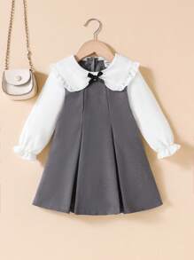 Souflis Souflis 女童白色荷叶边领蝴蝶结装饰泡泡袖和浅灰色 A 字裙，优雅可爱，适合休闲、上学、工作 - 灰色 - 查看 3