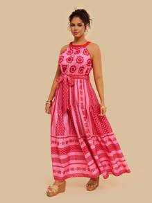 SHEIN VCAY 大码几何印花挂脖休闲沙滩裙