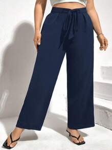 Auralis Plus Solid Belted Wide Leg Casual Pants Spring - Navy Blue - View 3