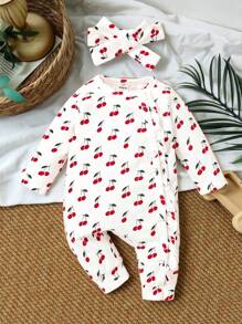 SHEIN Vintaside Kids 新生嬰兒女裝櫻桃印花荷葉邊連體褲和頭帶 - 白色 - 查看 1