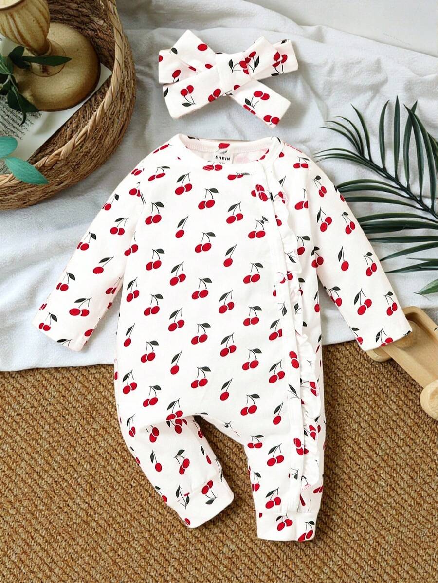 SHEIN Vintaside Kids 新生嬰兒女裝櫻桃印花荷葉邊連體褲和頭帶 - 白色 - 查看 1