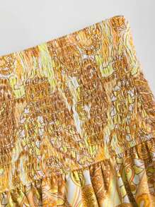 Sweetra Spring & Summer Style Vacation Cashew Flower High Waist Ruffled Hem Short Women Skirts - Orange - View 5