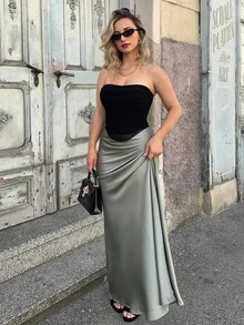 Jeta Ari 女士纯色高腰鱼尾下摆长裙女装 - 綠色 - 查看 4