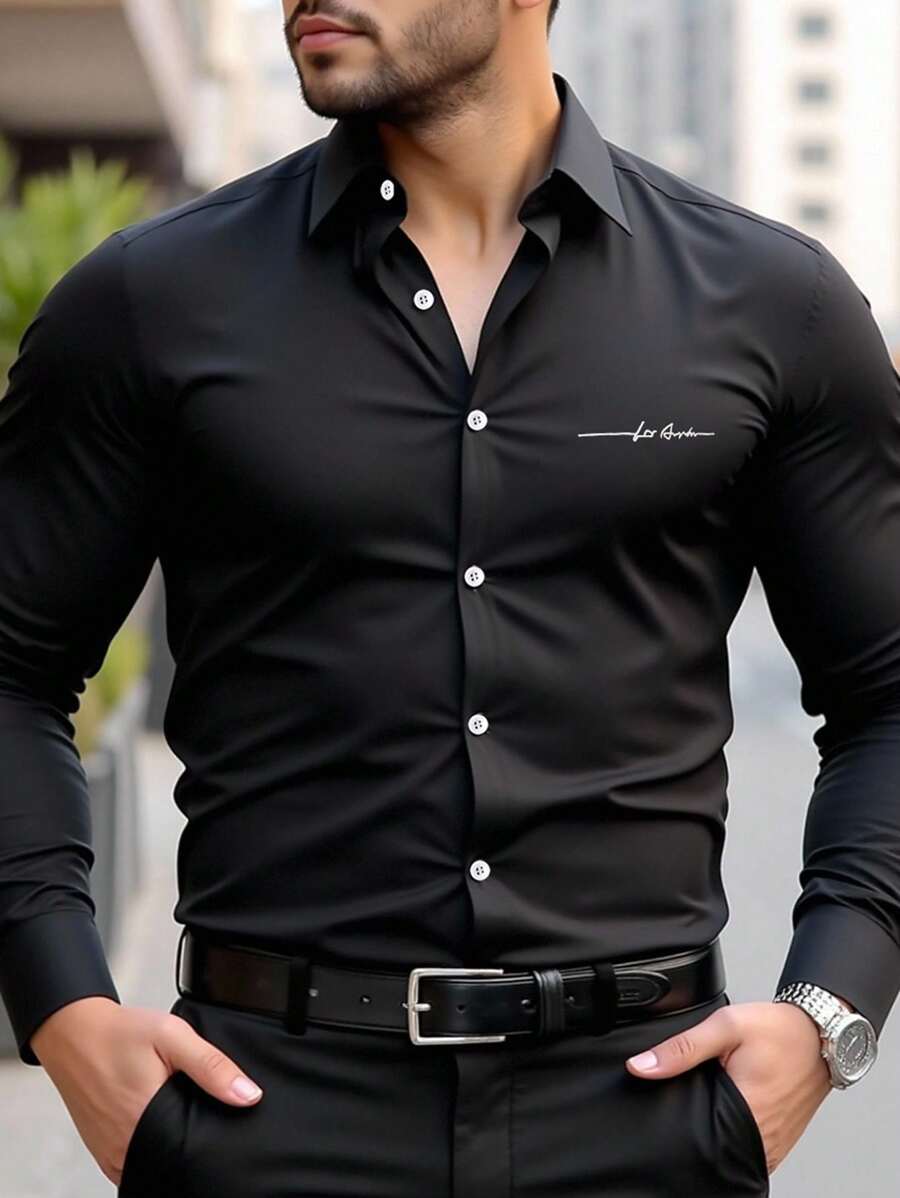 Manfinity Mode Men's Plus Size Black Business Shirt Elegant Long Sleeve Collared Top With Subtle Rhinestone Details And Smooth Woven Fabric For Professional Commuting , Fall - Black - View 1