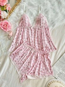 CottageSlumber 蕾丝拼布深 V 领碎花吊带背心和短裤睡衣套装 - 粉色 - 查看 1