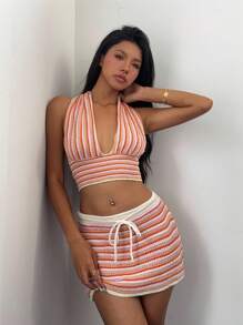 Aloruh Elegant Vacation Retro Striped Crochet Sexy Backless Deep V-Neck Vest, Resort Style - Yellow - View 5