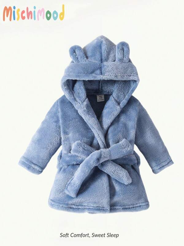 Toddler Boy Simple Fashion Blue Long Sleeve Hooded Tie Waist Warm Bathrobe Sleepwear