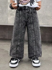 SHEIN Young Boy Urban Street Cool Stylish Fashionable Stonewashed Split Loose Fit Baggy Black Denim Jeans Pants,Casual And Versatile For Kids Clothes Boys Costume Dailywear Four Seasons Indoor/Outdoor Wear Clothes And Streetwear Outfits For Toddler Boys - Black - View 5