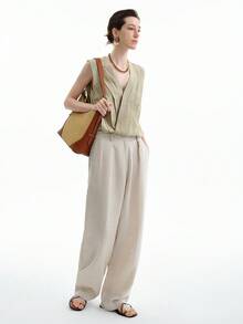 Aalyst 女式 V 领褶皱裹身式无袖亚麻连体衣，适合节日、毕业典礼、独立日等场合的休闲夏季服装，浅橄榄绿色 - 卡其色 - 查看 5