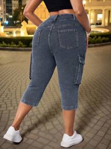 Maweii Plus Size Women Summer Cowgirl Outfit Elastic Blue & Black Cargo Capri Skinny Jeans With Pocket & Slit Summer Outfits For Women Festival Outfits  Cargo Jeans For Women