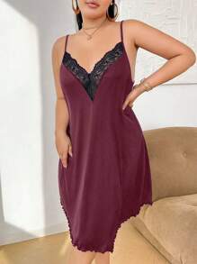 SHEIN V-Neck Lace Patchwork Slip Dress, Women Casual Home Sleepwear - Red Violet - View 3