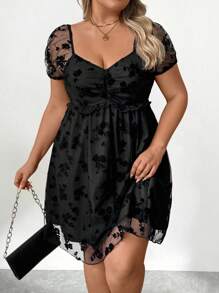 Casual Minimalist Comfortable Black Mesh Jacquard Design Plus Size Women Short Dress - Black - View 5