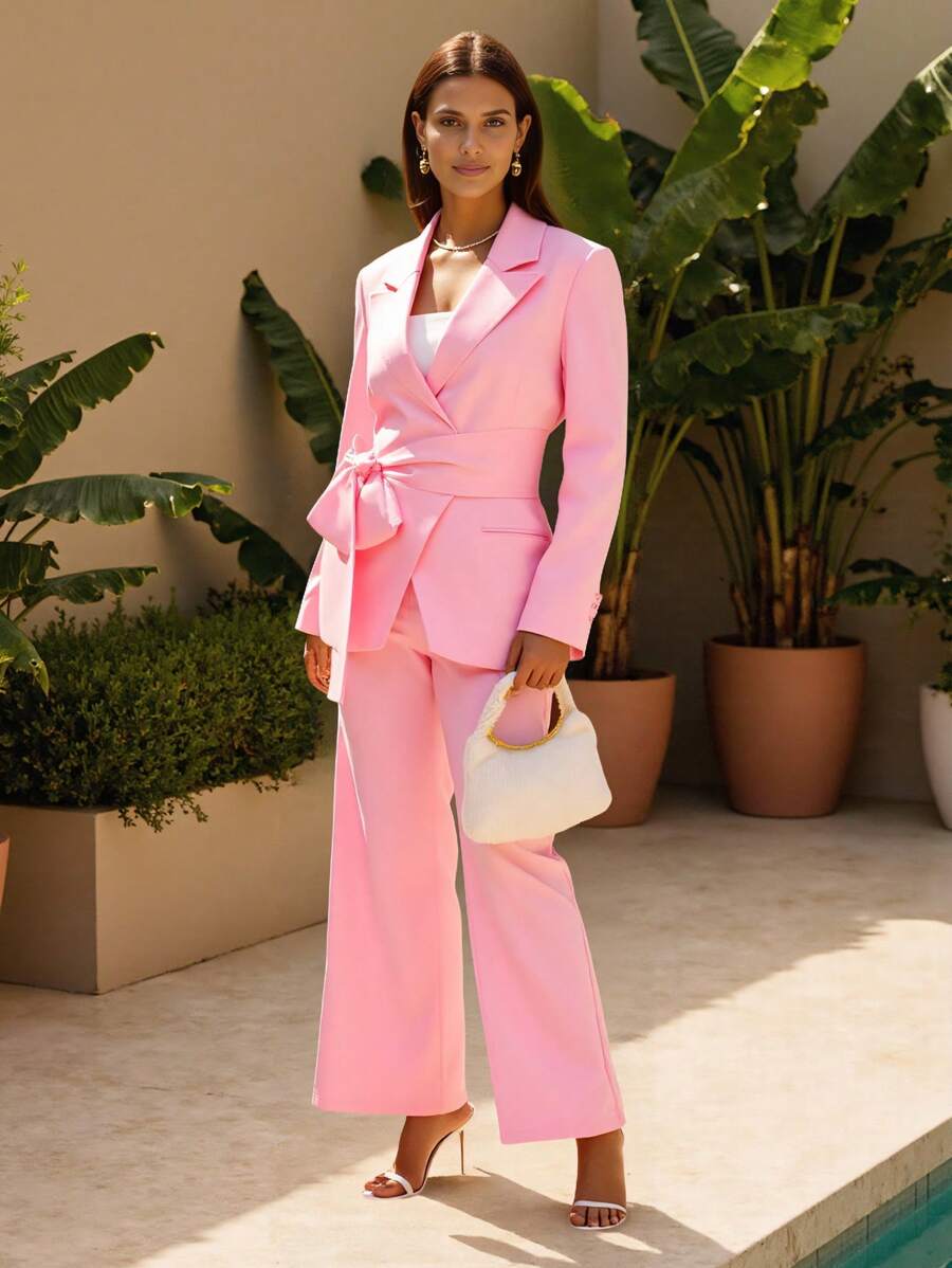 EBIB 优雅淡粉色腰带垫肩西装外套女式休闲办公套装
