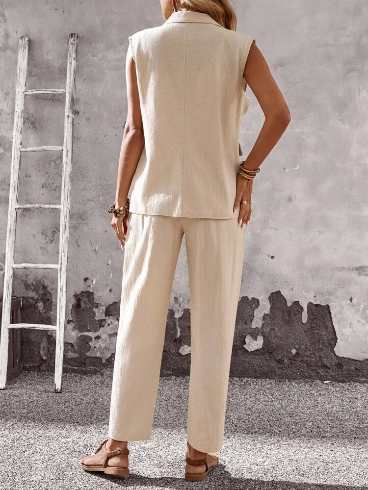 女性用無地襟付きノースリーブシングルボタンジャケットとパンツのカジュアルスーツ、リネン製2ピースセット、リネンアウトフィット、女性用夏スーツ、パンツスーツ、デイリー着用2ピースアウトフィット、プリントパンツ、ボヘミアンパンツ、レディースラウンジセット、レディーストラックスーツセット、レディース秋服、レディース秋トップス、レディース外出用トップス、ベーシックトップス、レディース秋トップス、レディース外出用トップス、レディース仕事用ブラウス