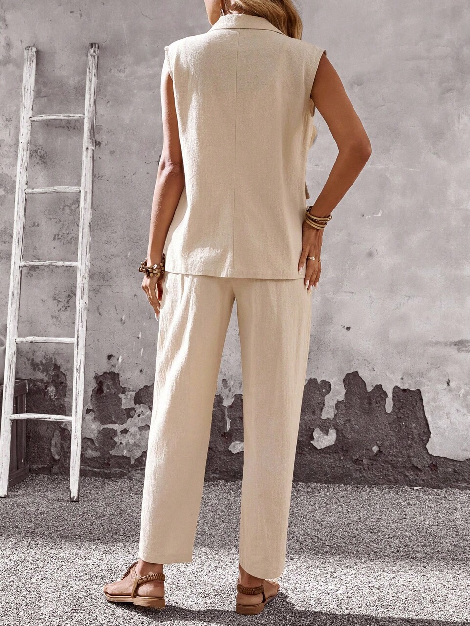 1 Set Women Apricot Summer Linen Two Pieces Outfits,Sleeveless Single Button Lapel Collar Jacket And Pants Suit,Smart Casual Office Holiday Clothes