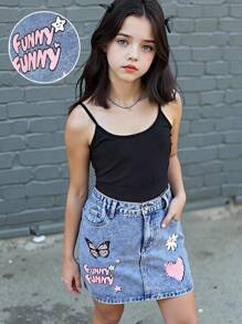 Denimly Fashion Casual Butterfly, Letter, Heart & Floral Printed Denim Mid-Length Skirt For Teenage Girls, Elastic Waist & Zipper Closure - Medium Wash - View 1