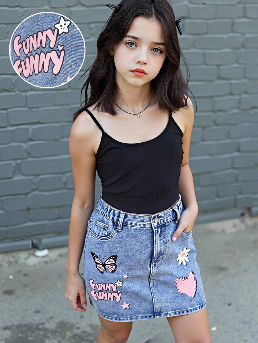 Denimly Fashion Casual Butterfly, Letter, Heart & Floral Printed Denim Mid-Length Skirt For Teenage Girls, Elastic Waist & Zipper Closure - Medium Wash - View 1
