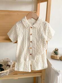 SHEIN Vintaside Kids Conjunto de ropa para bebé niño de 0 a 1 año, Camisa de manga corta y pantalón corto color albaricoque, Tela texturizada adecuada para que los bebés usen afuera en verano
