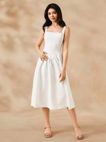 SHEIN 女孩简约复古方领无袖高腰中长款白色秋千连衣裙，优雅百搭，适合夏季 - 白色 - 查看 3