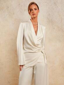 COSMINA Women's Elegant Cream Satin Ruched Waist Tie Blouse And Wide Leg Pant Blazer Suit Set, Old Money, Relaxed Vacation Daily Style; Teacher Outfits; Going Out Outfits - White - View 4