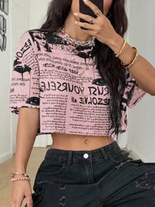 Coolane Women Newspaper Print Mesh Crop Short Sleeve Top - Pink - View 1