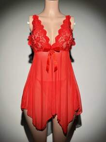 SHEIN 2pcs Sexy Lace Patchwork Nightgown Set - Burgundy - View 7