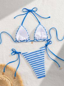 SHEIN Swim Mod Set de 2 piezas de bikini sexy de moda con halter sin espalda y placa de metal para mujer, nuevo para verano - Celeste - Ver 2