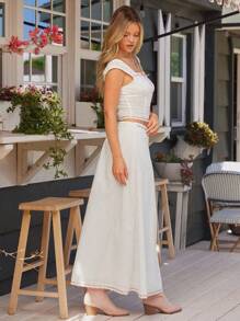 WESTFADE Top ajustado con cuello cuadrado, lazo y corte Keyhole con bordado de ojales y cinta de satín, y falda maxi con lazo en la cintura y fluida, conjunto veraniego de estilo country y boho para concierto, brunch o vacaciones en la playa