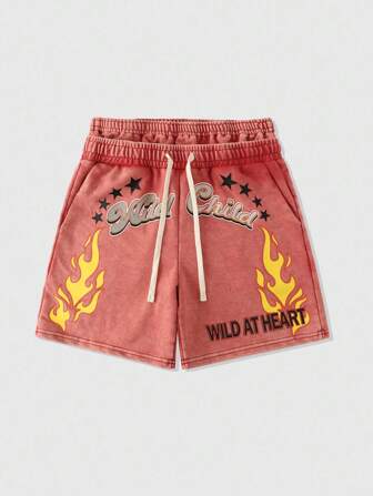 Street Life Pantalones cortos casuales de hombre con estampado de letras y llamas, doble capa y desgastados en la cintura