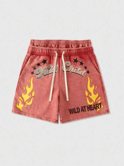 Street Life Pantalones cortos casuales de hombre con estampado de letras y llamas, doble capa y desgastados en la cintura