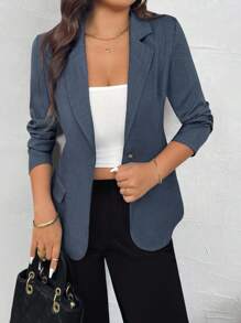 SHEIN Unity 6件套大码女式双色纹理面料办公室薄款长袖西装外套 - 藍色 - 查看 1