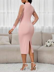 SHEIN Lady Robe mi-longue élégante pour femmes, en maille et à manches bouffantes, col montant, en tissu tricoté, ajustée, avec perles, pour invitée de mariage, tenue de bureau décontractée, anniversaire, pour toutes les saisons - Rose bonbon - Voir 2
