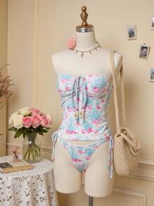 SHEIN Swim 2 chiếc/bộ 2025 Đồ bơi liền thân họa tiết đại dương nhiều màu sắc mới, dây mảnh xếp nếp và quần tam giác, bộ bikini ngày lễ thường ngày cho nữ - Nhiều màu - Xem 2