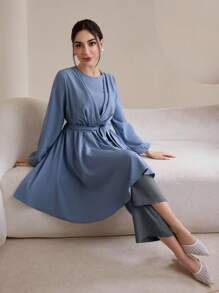 Graceveil 女士优雅纯色灯笼袖不对称下摆衬衫，端庄的秋季女装