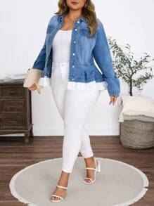 EMERY ROSE Plus Size Women Casual Holiday Denim Jacket With Lace Trim, Light Blue Stretch - Light Wash - View 3
