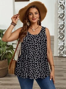 EMERY ROSE Casual Minimalist Ditsy Floral Plus Size Loose Fit Ruffle Strap Tank Tops & Camisole, Suitable For Spring & Summer Outings Suitable For Going Out - Multicolor - View 4