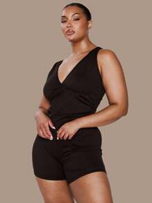 MUSERA Plus Size V Neck Sleeveless Slinky Ruched Fitted Top Activewear, Holiday, Elegant, Casual - Black - View 5