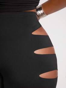 SHEIN SXY Quần legging khoét lỗ trơn thời trang xuân/hè cỡ lớn cho nữ, thích hợp mặc khi chơi thể thao, tập yoga, mặc hàng ngày, mặc đồ kiểu phương Tây, mặc đi du ngoạn, lễ hội âm nhạc, hòa nhạc, tiệc carnival, kỳ nghỉ bãi biển, đêm hẹn hò, sinh nhật, tiệc độc thân, câu lạc bộ, dễ thương, thường ngày, mua sắm, thời trang dạo phố, đi chơi, dễ phối đồ và trông thon gọn, tôn dáng, tôn dáng - màu đen - Xem 10