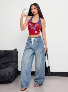SHEIN EZwear Damen Lässig Alltags abgenutzte Schrägtasche Lose Jeans Hose - Helle Waschung - Übersicht 5