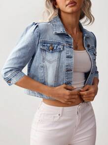 SHEIN Clasi Plus Size Solid Color Front Button Pocket Casual Denim Jacket - Blue - View 1