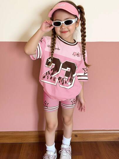 SHEIN Happikins 2pcs Pink & Brown Jersey Outfit, Casual Sports Uniform, USA LOS ANGELES No. 23 Graphic, Young Girls 2 Pieces Set With Short Sleeve T-Shirt And Shorts, Suitable For Summer