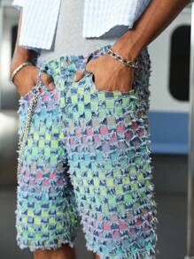 Manfinity EMRG Stylish Men's Colorblock Denim Bermuda Shorts With Zipper And Raw Edge Design Patchwork Shorts Men - Light Wash - View 4